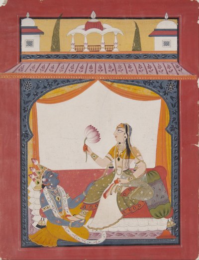 Krishna massiert die Füße von Radha, eine Szene möglicherweise aus dem Gita Govinda von Punjab Hills